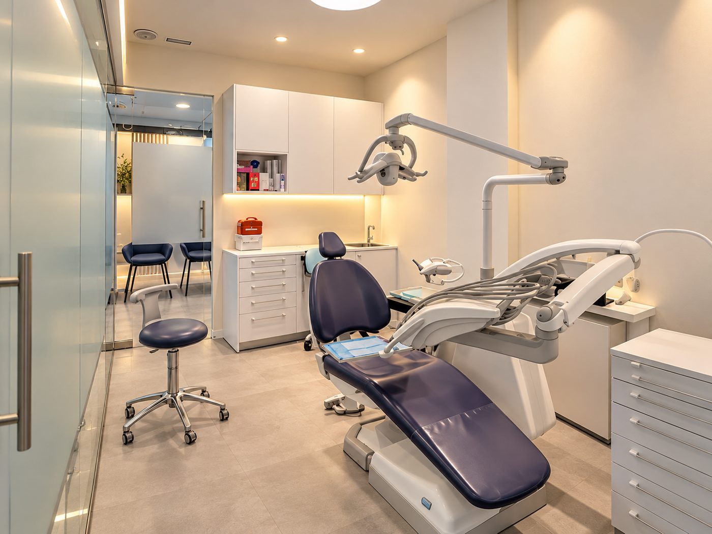 Gabinete con sillón dental azul