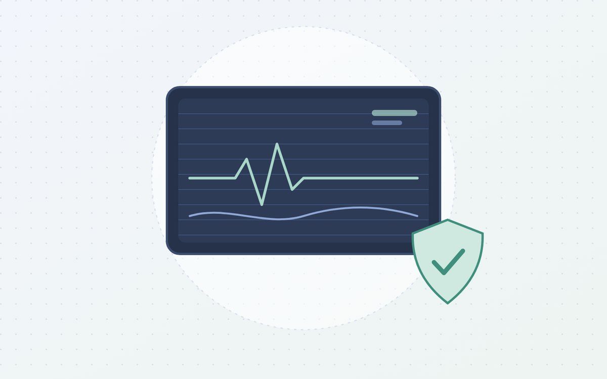 Ilustración: monitor de constantes vitales con un escudo de seguridad
